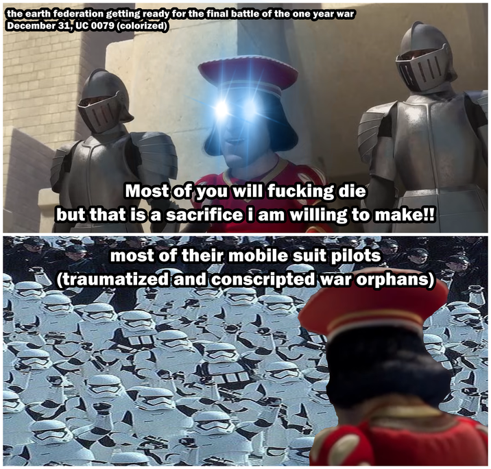 the earth federation getting ready for the final battle of the one year war December 31, UC 0079 (colorized) Most of you will f------ die but that is a sacrifice i am willing to make!! most of their mobile suit pilots (traumatized and conscripted war orphans)