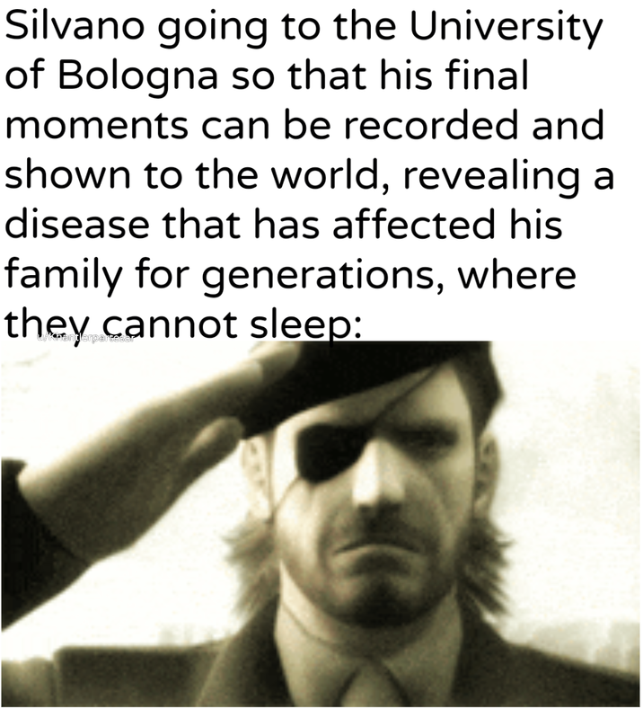Silvano going to the University of Bologna so that his final moments can be recorded and shown to the world, revealing a disease that has affected his family for generations, where they cannot sleep: