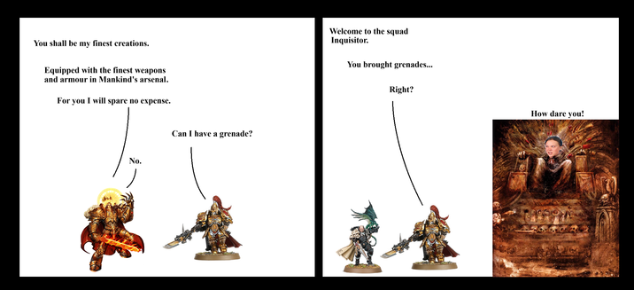 You shall be my finest creations. Equipped with the finest weapons and armour in Mankind's arsenal. For you I will spare no expense. No. Can I have a grenade? Welcome to the squad Inquisitor. You brought grenades... Right? How dare you!