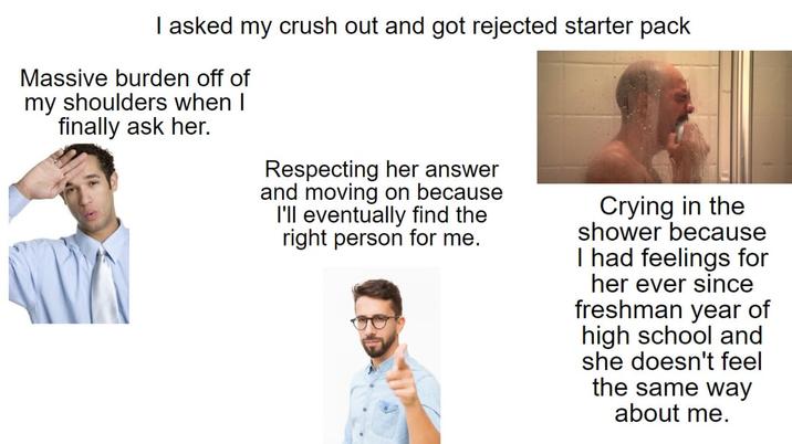 I asked my crush out and got rejected starter pack Massive burden off of my shoulders when I finally ask her. Respecting her answer and moving on because I'll eventually find the right person for me. Crying in the shower because I had feelings for her ever since freshman year of high school and she doesn't feel the same way about me.