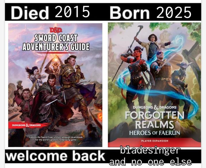 Died 2015 Born 2025 SWORD COAST ADVENTURER'S GUIDE DUNGEONS & DRAGONS Explore the Sword Coast in this campaign sourcebook for the world's greatest roleplaying game welcome back DUNGEONS & DRAGONS FORGOTTEN REALMS HEROES OF FAERÛN PLAYER EXPANSION bladesinger and no one else
