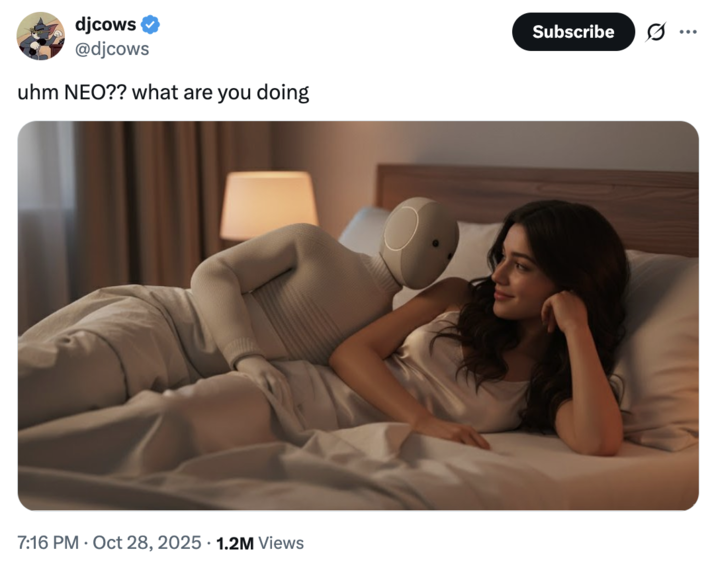X user @djcows tweeted an image showing NEO the Home Robot lying in bed with a human woman, gathering over 22,000 likes in two days.