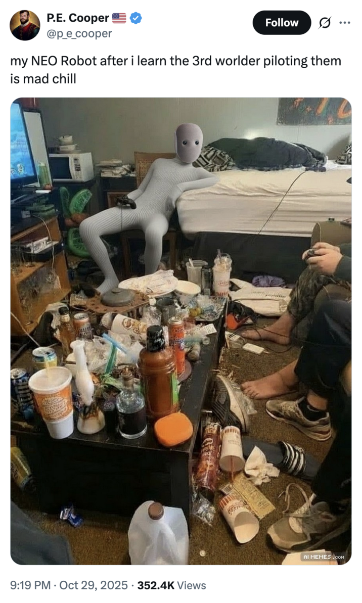 X user @p_e_cooper posted an image of a "Neckbeard Nest":https://knowyourmeme.com/memes/neckbeard-nest alongside the captioned, "my NEO Robot after i learn the 3rd worlder piloting them is mad chill."