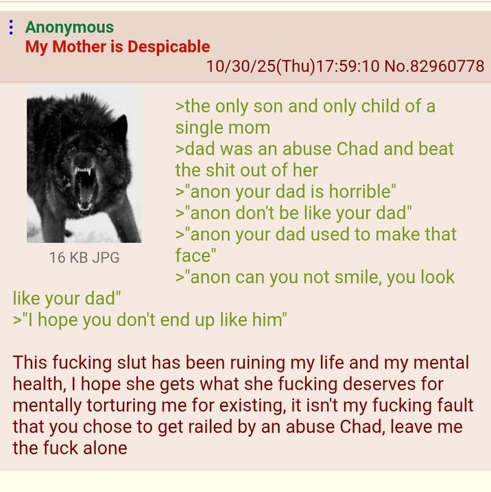 : Anonymous My Mother is Despicable 16 KB JPG like your dad" 10/30/25(Thu)17:59:10 No.82960778 >the only son and only child of a single mom >dad was an abuse Chad and beat the s--- out of her >"anon your dad is horrible" >"anon don't be like your dad" >"anon your dad used to make that face" >"anon can you not smile, you look >"I hope you don't end up like him" This f------ slut has been ruining my life and my mental health, I hope she gets what she f------ deserves for mentally torturing me for existing, it isn't my f------ fault that you chose to get railed by an abuse Chad, leave me the f--- alone