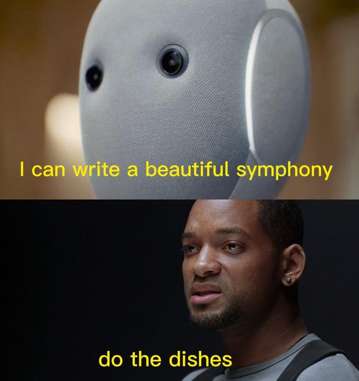 X user @Andr3jH posted an inverse of the "Can a Robot Write a Symphony?":https://knowyourmeme.com/memes/can-a-robot-write-a-symphony meme, showing Will Smith telling Neo the Home Robot to "do the dishes."