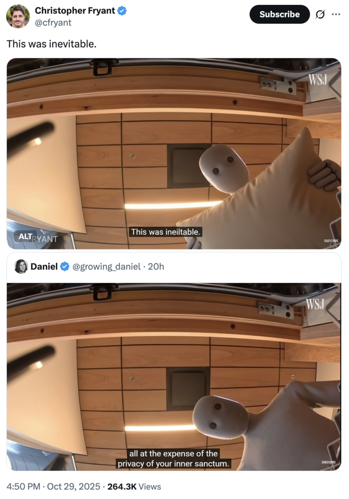 X user @cfryant tweeted an AI altered image showing Neo the Home Robot looming over the camera holding a pillow, as if to smother the viewer. The post gathered over 3,000 likes in a day.