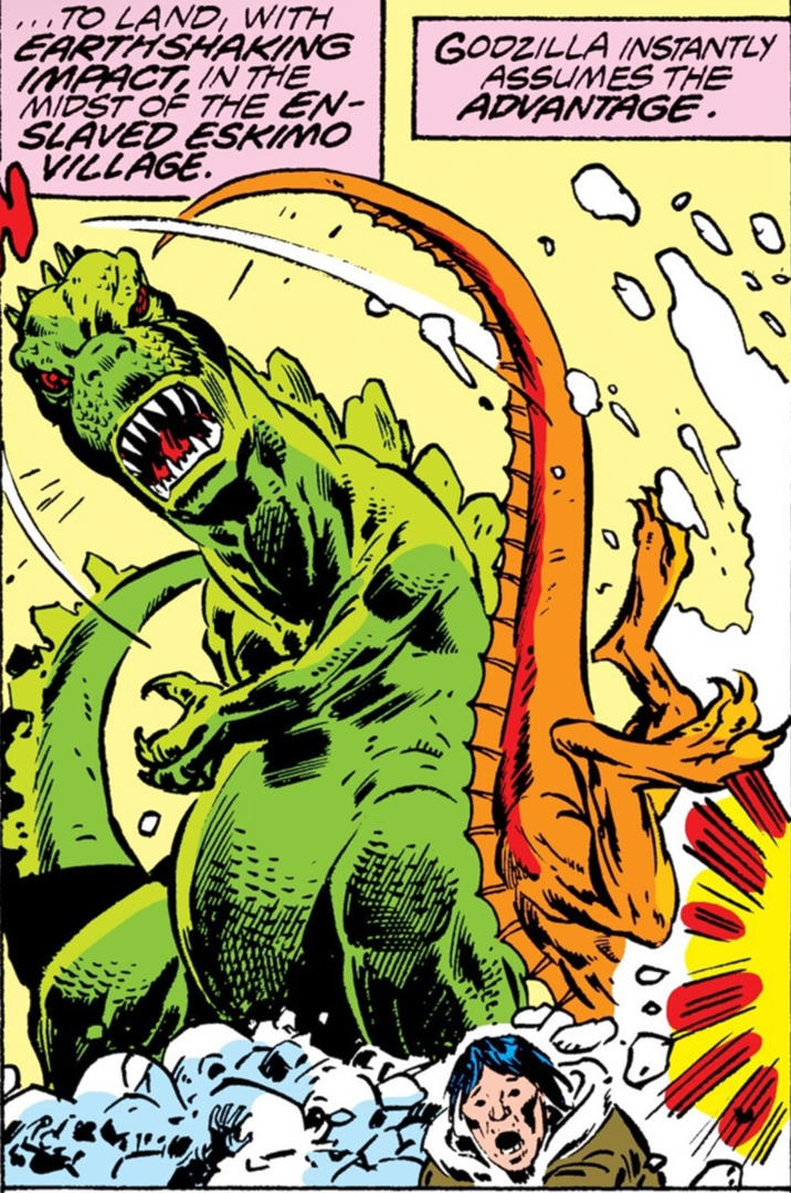 ...TO LAND, WITH EARTHSHAKING IMPACT IN THE MIDST OF THE EN- SLAVED ESKIMO VILLAGE. GODZILLA INSTANTLY ASSUMES THE ADVANTAGE. จ Jo 0.0