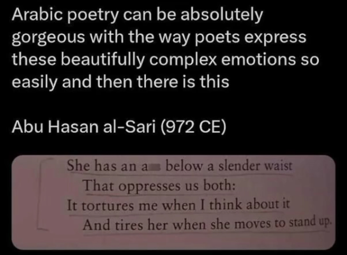 Arabic poetry can be absolutely gorgeous with the way poets express these beautifully complex emotions so easily and then there is this Abu Hasan al-Sari (972 CE) She has an a below a slender waist That oppresses us both: It tortures me when I think about it And tires her when she moves to stand up.
