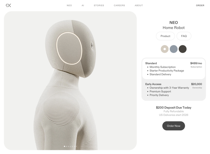 The official cost of renting Neo the Home Robot is listed as $499 per month, while owning one costs $20,000.