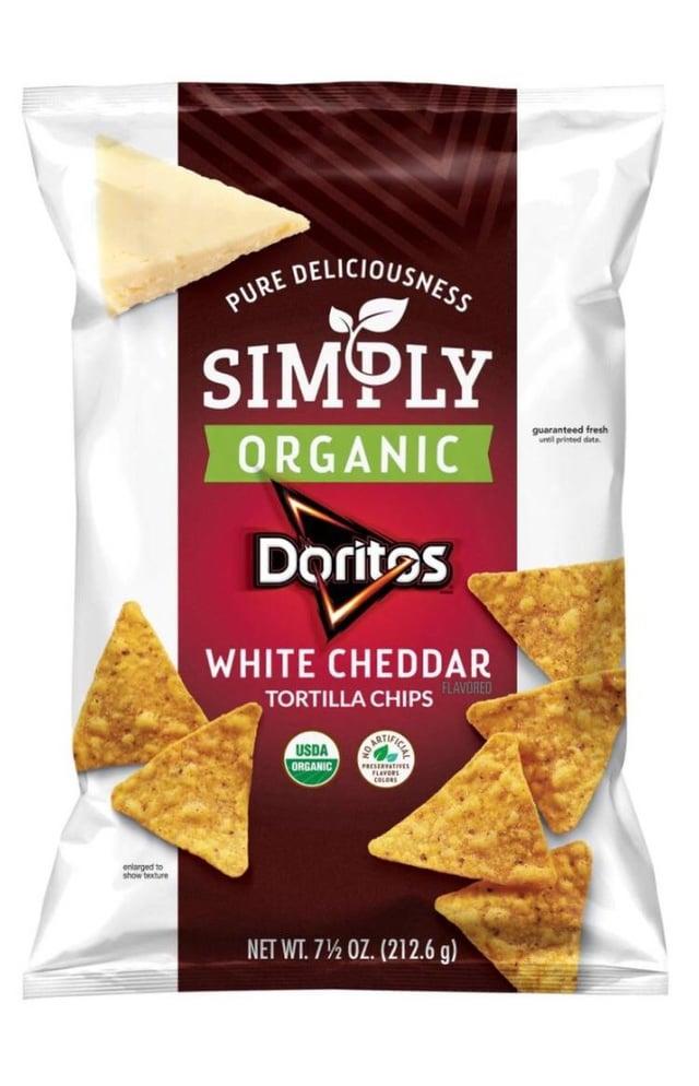 enlarged to show texture PURE DELICIOUSNESS SIMPLY ORGANIC Doritos WHITE CHEDDAR TORTILLA CHIPS FLAVORED guaranteed fresh until printed date USDA ORGANIC FLAVORS COLORS NET WT. 72 OZ. (212.6 g)