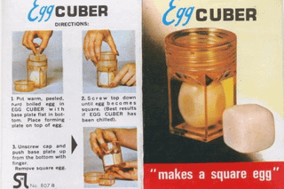 E99 CUBER DIRECTIONS 1. Put warm, peeled. hard boiled egg in EGG CUBER with base plate fat in bot tom Place forming slate on top of 3. Unscrew cap and push base plate up from the bottom with finger Remove square St No. 807 B 2. Screw top down until egg becomes square. (Best results if EGG CUBER has been chilled). E99 CUBER "makes a square egg"