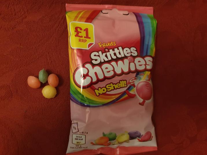 £1 RRP Fruits Skittles Chewies No Shell! S 1/3 41.7 g 711 kJ 168 kcal 8% 100 g: 1705 kJ/403 kcal