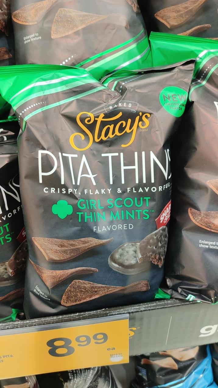 Enlarged to show texture VORF UT TS S BAKED Stacys PITA THIN CRISPY, FLAKY & FLAVORFUL GIRL SCOUT THIN MINTS" FLAVORED SHA NEW LIMITED TIME FLAVOR Show texture Enlarged SPITA Y 899 ea $219.27 PER EACH d Enlarged t show text g