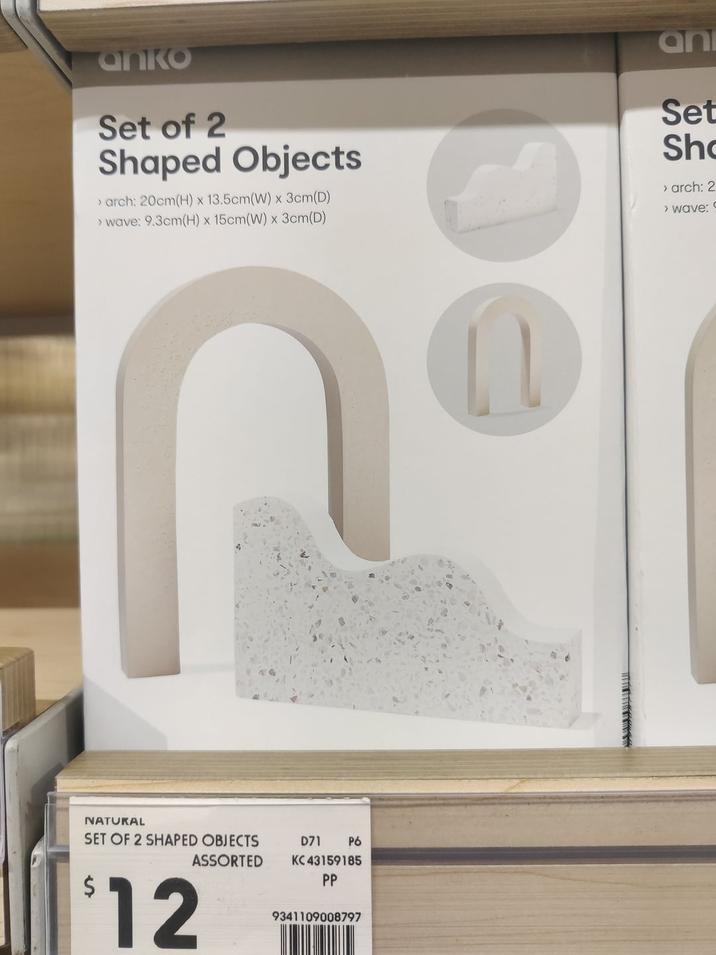 anko Set of 2 Shaped Objects > arch: 20cm(H) x 13.5cm(W) x 3cm(D) > wave: 9.3cm(H) x 15cm(W) x 3cm(D) an Set Sho > arch: 2 › wave: e NATURAL SET OF 2 SHAPED OBJECTS D71 P6 ASSORTED KC 43159185 $12 PP 9341109008797