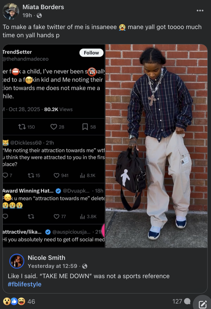 October 29th, 2025 Facebook post by Miata Borders A person claiming to be Miata Borders, the substitute teacher who was reportedly fired for recording a student at school and calling her "shorty," claimed that a Twitter page claiming to be her is fake.