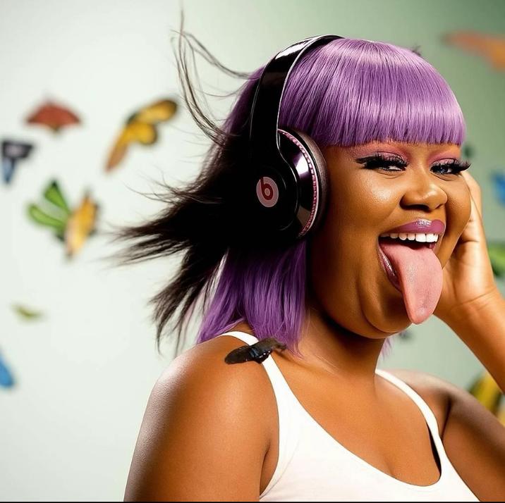 An "exploited":https://knowyourmeme.com/memes/exploitables "reaction image":https://knowyourmeme.com/memes/reaction-images version of the Girl With Headphones "meme":https://knowyourmeme.com/memes/memes, showing her with purple hair like "Nicki Minaj":https://knowyourmeme.com/memes/people/nicki-minaj.