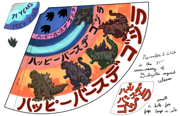 YEARS 1954-2025 ------------- ースデゴミ ハッピーバースデー Glue here 「ハッピーバースデ ハーピ November 32025 is the 71st anniversary of Godzilla's original release small * hats for figs, toys, or cats