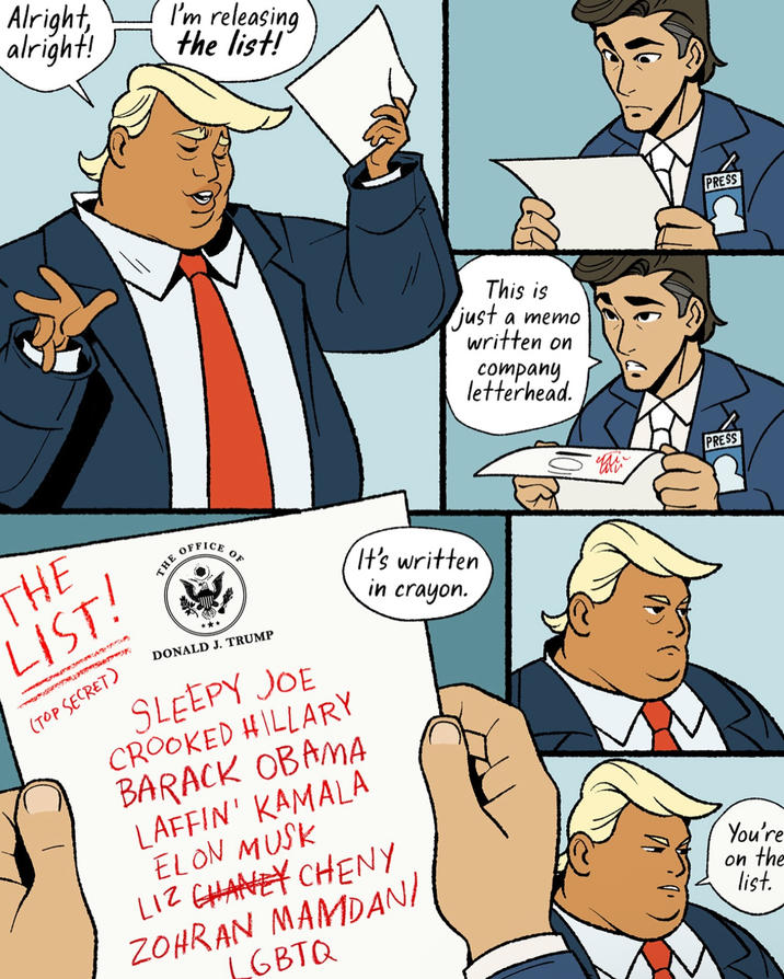 Alright, alright! I'm releasing the list! This is just a memo written on company letterhead. PRESS PRESS THE LIST! (TOP SECRET) THE OFFICE OF DONALD J. TRUMP SLEEPY JOE CROOKED HILLARY BARACK OBAMA It's written in crayon. LAFFIN' KAMALA ELON MUSK LIZ CHANEY CHENY ZOHRAN MAMDAN/ GBTQ You're on the list.