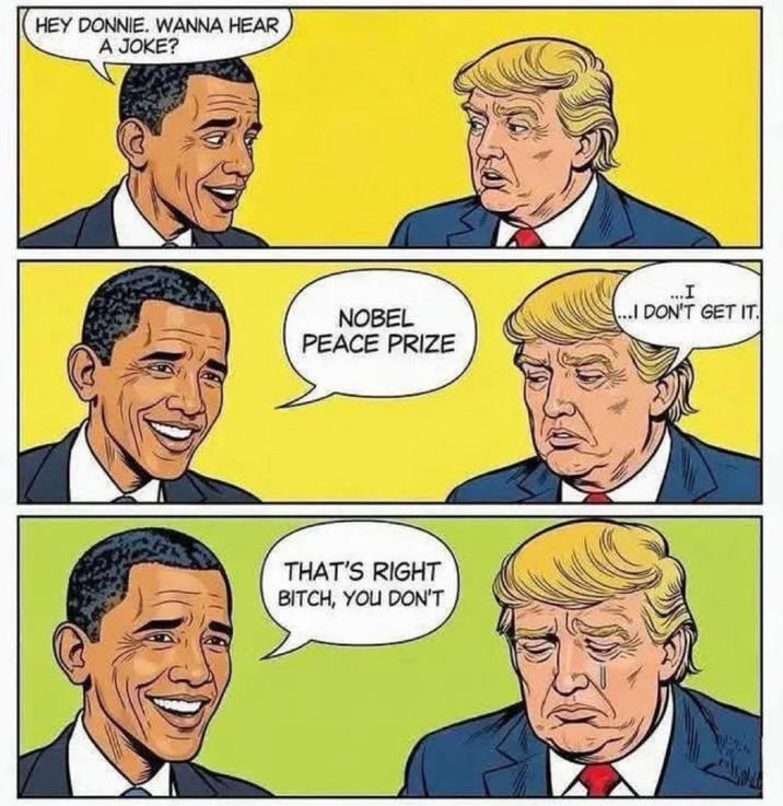HEY DONNIE. WANNA HEAR A JOKE? ...I NOBEL PEACE PRIZE ...I DON'T GET IT THAT'S RIGHT BITCH, YOU DON'T