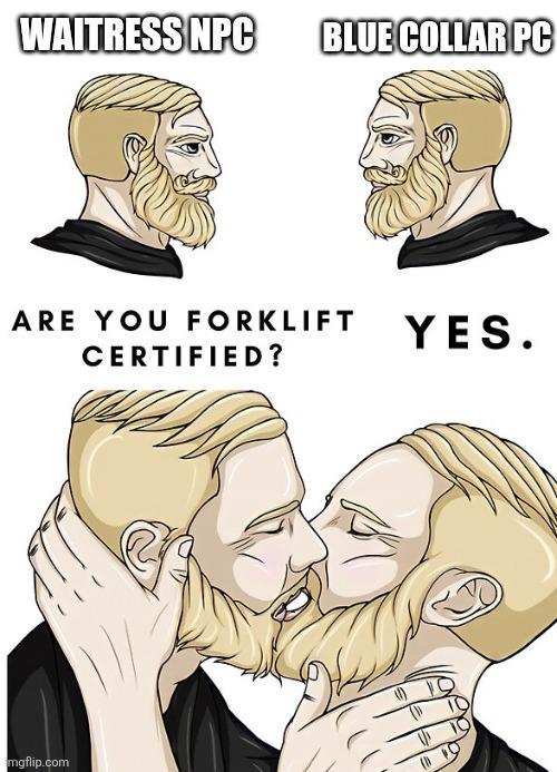 WAITRESS NPC BLUE COLLAR PC ARE YOU FORKLIFT CERTIFIED? mgflip.com YES.