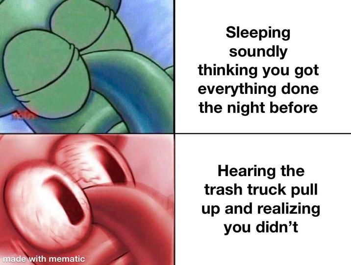 made with mematic Sleeping soundly thinking you got everything done the night before Hearing the trash truck pull up and realizing you didn't