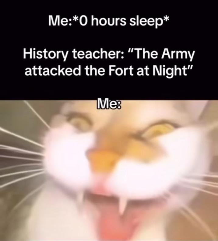 Me:*0 hours sleep* History teacher: "The Army attacked the Fort at Night" Me: