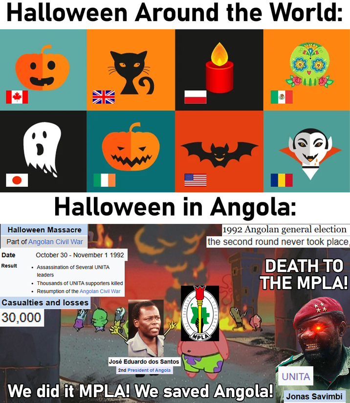 Halloween Around the World: Halloween in Angola: Halloween Massacre Part of Angolan Civil War Date Result October 30 - November 1 1992 • Assassination of Several UNITA leaders • Thousands of UNITA supporters killed Resumption of the Angolan Civil War Casualties and losses 1992 Angolan general election the second round never took place DEATH TO THE MPLA! 30,000 PAZ TRABAL MPLA José Eduardo dos Santos 2nd President of Angola UNITA We did it MPLA! We saved Angola! Jonas Savimbi