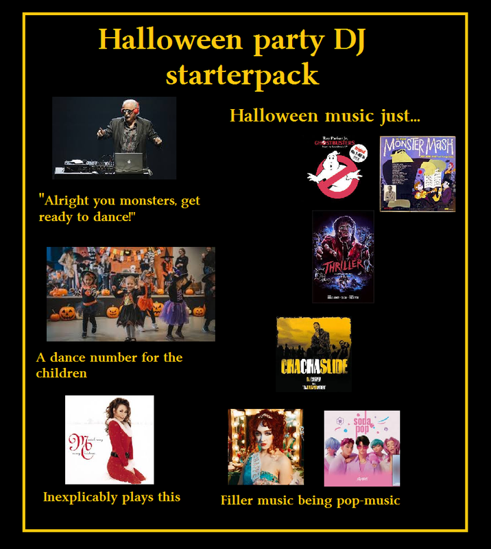 Halloween party DJ starterpack Halloween music just... "Alright you monsters, get ready to dance!" A dance number for the children 97% Inexplicably plays this Ray Parker) STBUSTERS MONSTER MASH THRILLERS CHACHASLIDE D. CISPER LEASED soda pop PARE Filler music being pop-music