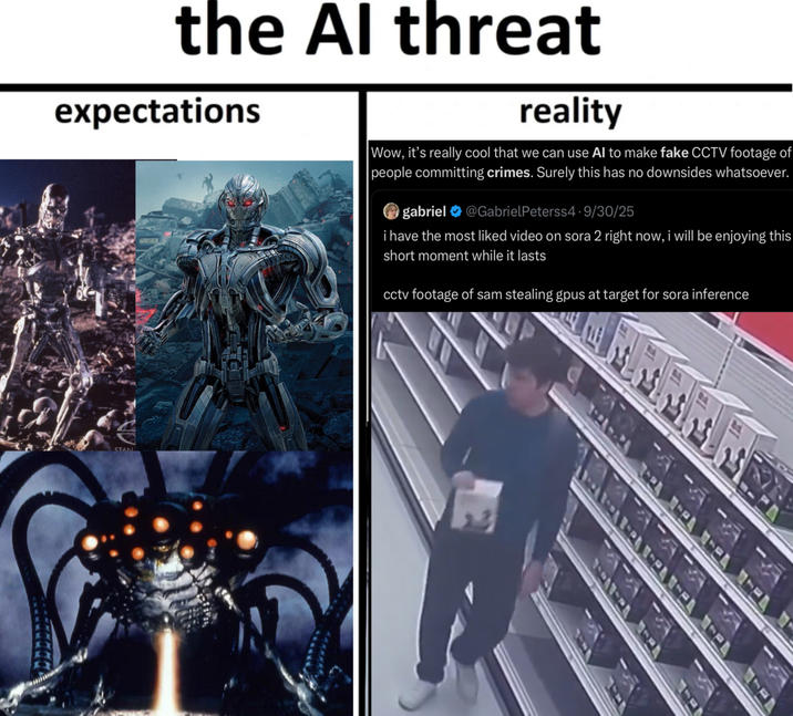 the Al threat expectations reality Wow, it's really cool that we can use Al to make fake CCTV footage of people committing crimes. Surely this has no downsides whatsoever. gabriel @GabrielPeterss4. 9/30/25 i have the most liked video on sora 2 right now, i will be enjoying this short moment while it lasts cctv footage of sam stealing gpus at target for sora inference STAN ལྐ -ལྐ -