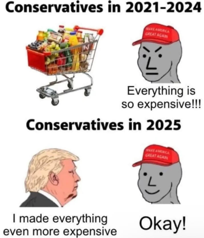 Conservatives in 2021-2024 AKE AMERICA GREAT AGAIN Everything is so expensive!!! Conservatives in 2025 WAKE AMERICA GREAT AGAIN I made everything even more expensive Okay!