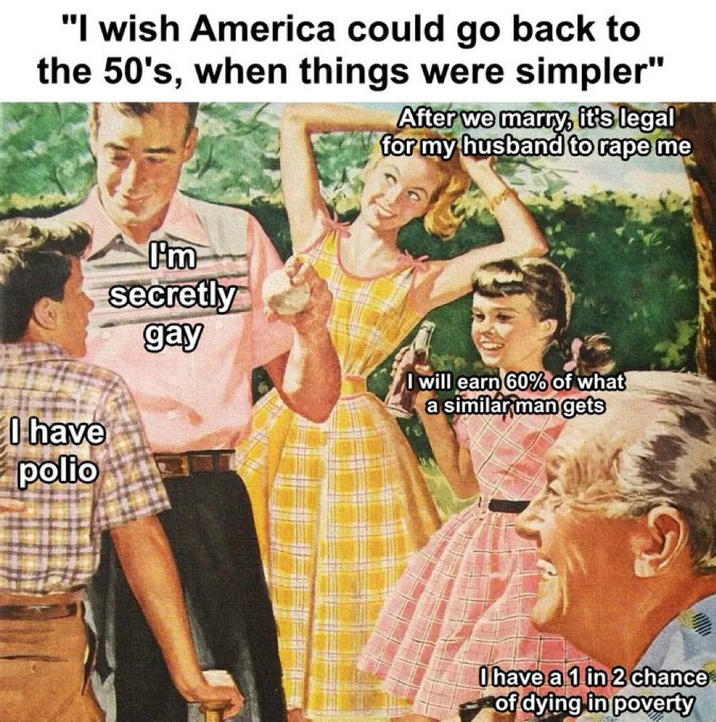 "I wish America could go back to the 50's, when things were simpler" After we marry, it's legal for my husband to r--- me I have polio I'm secretly gay I will earn 60% of what a similar man gets I have a 1 in 2 chance of dying in poverty
