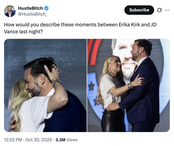 A viral "tweet":https://knowyourmeme.com/memes/sites/twitter-x speculating that Erika Kirk and "U.S.":https://knowyourmeme.com/memes/cultures/united-states-of-america Vice President "J.D. Vance":https://knowyourmeme.com/memes/people/jd-vance are romantically involved or bound to be.