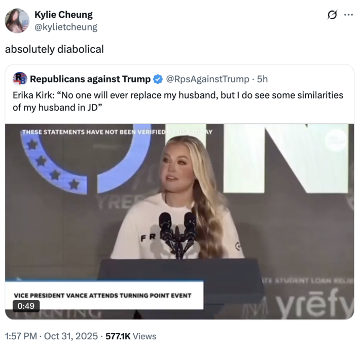 A "quote-tweet":https://knowyourmeme.com/memes/quote-retweets-qrts speculating that Erika Kirk and "U.S.":https://knowyourmeme.com/memes/cultures/united-states-of-america Vice President "J.D. Vance":https://knowyourmeme.com/memes/people/jd-vance are romantically involved or bound to be.