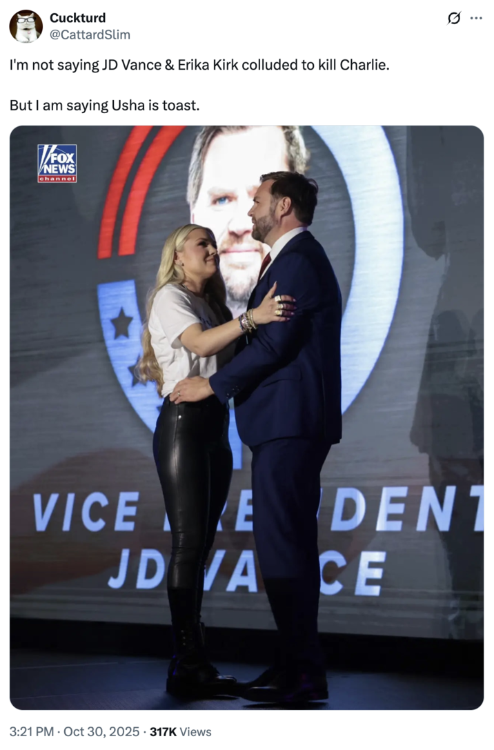 A viral "tweet":https://knowyourmeme.com/memes/sites/twitter-x speculating that Erika Kirk and "U.S.":https://knowyourmeme.com/memes/cultures/united-states-of-america Vice President "J.D. Vance":https://knowyourmeme.com/memes/people/jd-vance are romantically involved or bound to be.