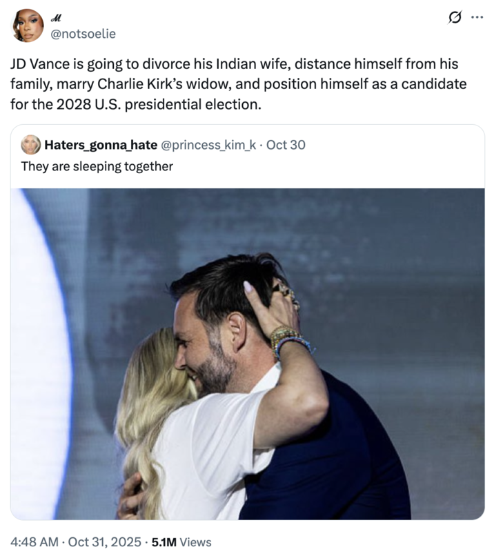 A viral "tweet":https://knowyourmeme.com/memes/sites/twitter-x speculating that Erika Kirk and "U.S.":https://knowyourmeme.com/memes/cultures/united-states-of-america Vice President "J.D. Vance":https://knowyourmeme.com/memes/people/jd-vance are romantically involved or bound to be.
