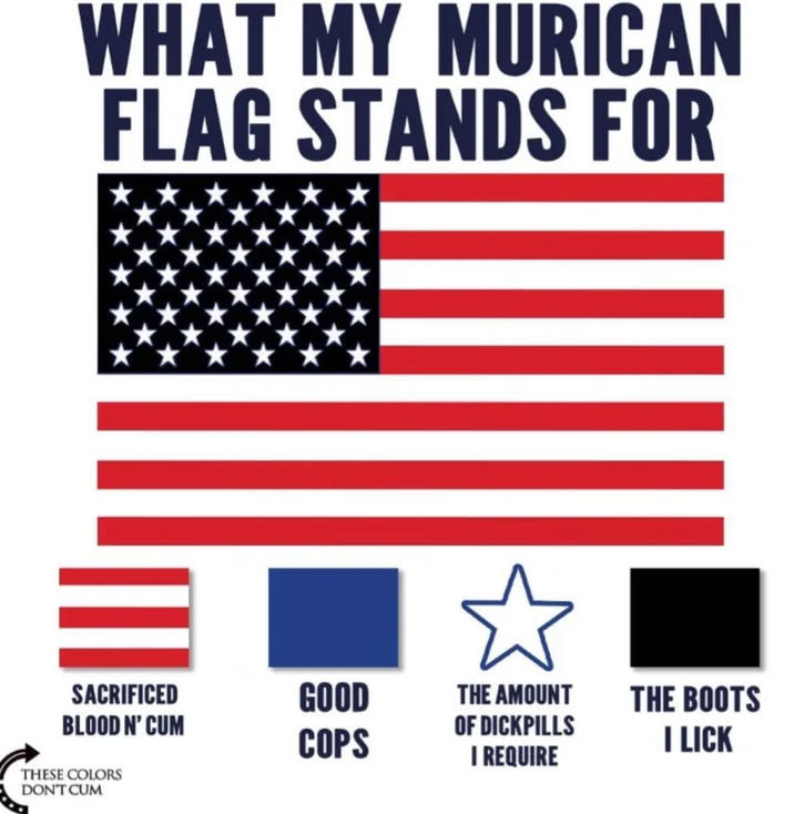 WHAT MY MURICAN FLAG STANDS FOR SACRIFICED BLOOD N' C-- GOOD THE AMOUNT OF DICKPILLS THE BOOTS COPS I LICK I REQUIRE THESE COLORS DON'T C--