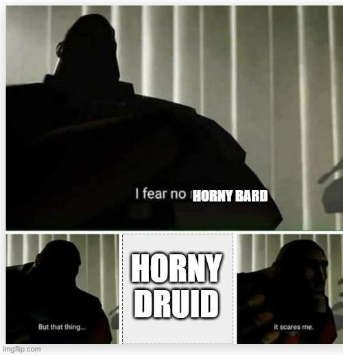 I fear no HORNY BARD imgflip.com But that thing... HORNY DRUID it scares me.