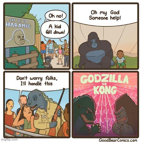 SAY HI TO HARAMBE Oh no! A kid fell down! Oh my God Someone help! imgflip.com Don't worry folks, I'll handle this GODZILLA VS arr KONGW GoodBearComics.com