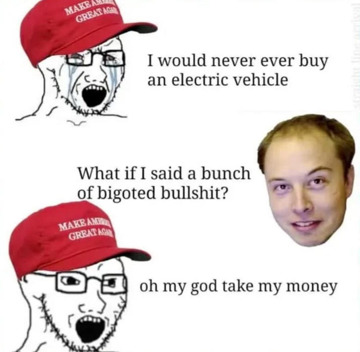 MAKE GREAT AG I would never ever buy an electric vehicle What if I said a bunch of bigoted b-------? MAKE AM GREAT AG oh my god take my money