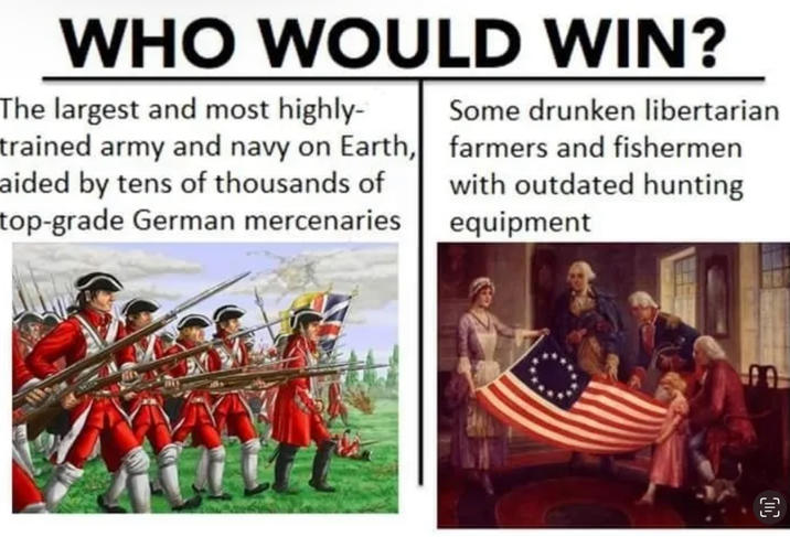 WHO WOULD WIN? The largest and most highly- trained army and navy on Earth, aided by tens of thousands of top-grade German mercenaries Some drunken libertarian farmers and fishermen with outdated hunting equipment