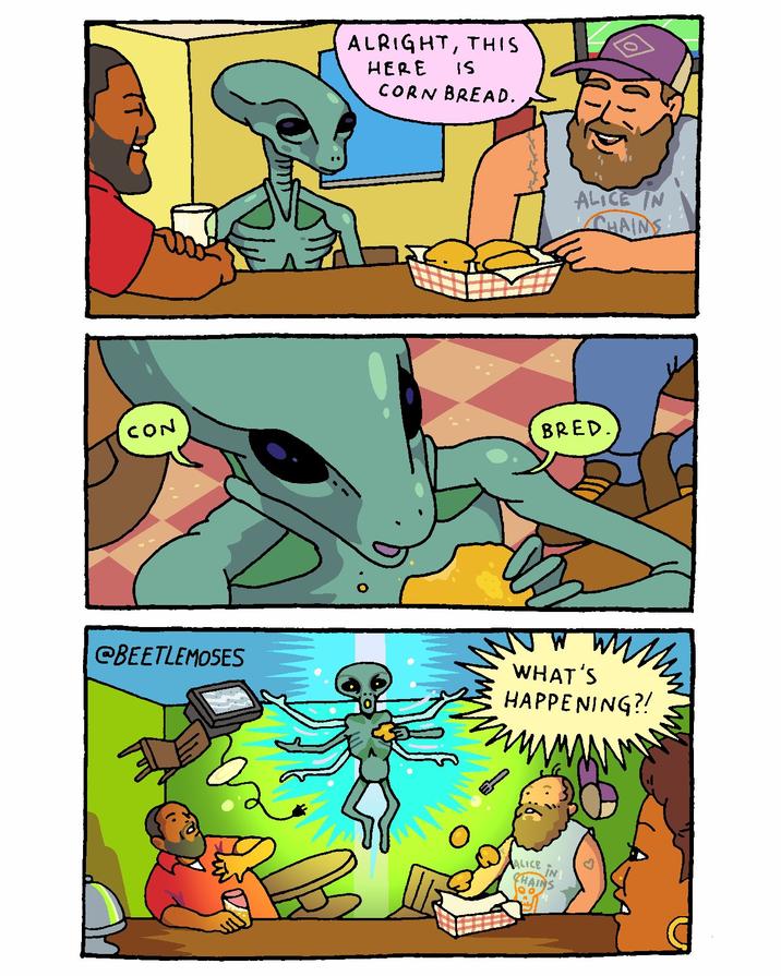 ALRIGHT, THIS HERE IS CORN BREAD. ALICE IN CHAINS CON BRED. @BEETLEMOSES W WHAT'S HAPPENING?! IN ALICE CHAINS