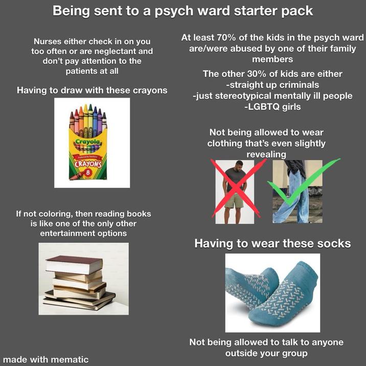 Being sent to a psych ward starter pack Nurses either check in on you too often or are neglectant and don't pay attention to the patients at all Having to draw with these crayons Crayola Preferred by Teacher CRAYONS At least 70% of the kids in the psych ward are/were abused by one of their family members The other 30% of kids are either -straight up criminals -just stereotypical mentally ill people -LGBTQ girls Not being allowed to wear clothing that's even slightly revealing If not coloring, then reading books is like one of the only other entertainment options Having to wear these socks made with mematic Not being allowed to talk to anyone outside your group