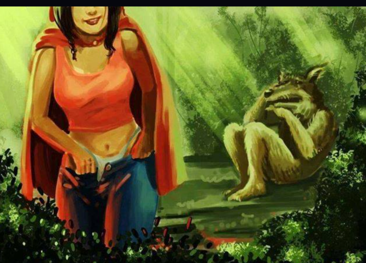 Art by HectorLobo. The art shows Little Red Riding Hood walking away from a crying Big Bad Wolf after sex.