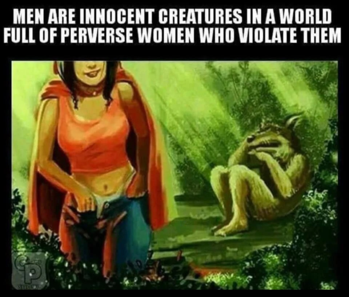 A meme using an image of Little Red Riding Hood walking away from a crying Big Bad Wolf after sex.