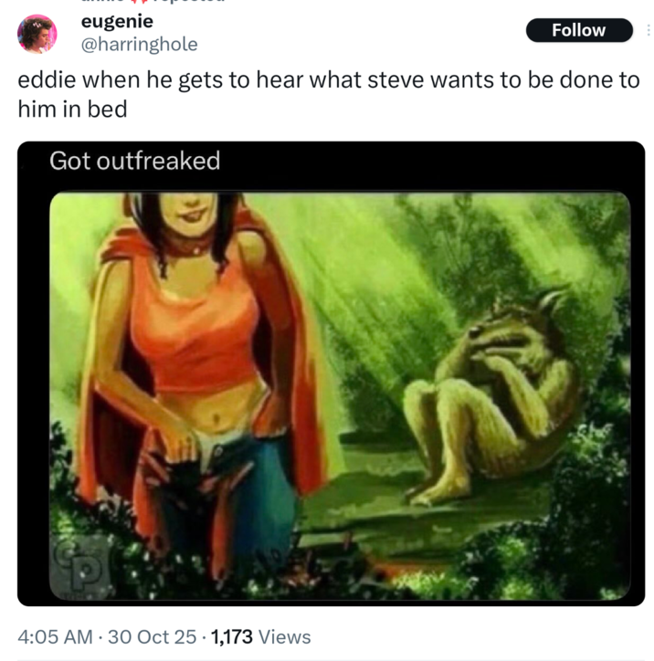 A tweet. It reads, "eddie when he gets to hear what steve wants to be done to him in bed."