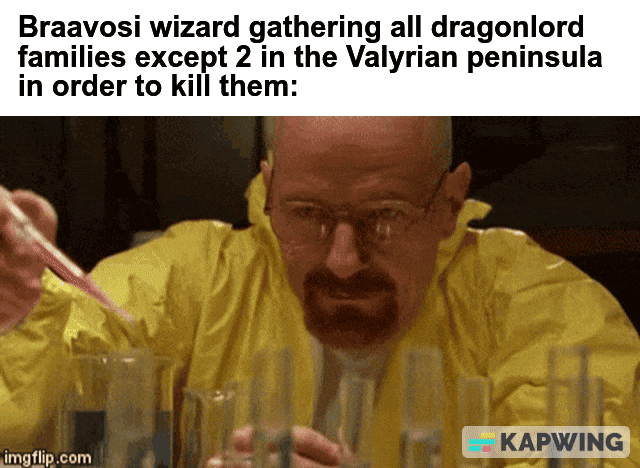 Braavosi wizard gathering all dragonlord families except 2 in the Valyrian peninsula in order to kill them: KAPWING imgflip.com