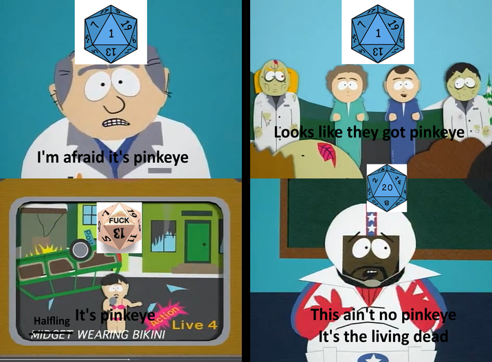 19 1 ετ 1 ετ 19 I'm afraid it's pinkeye Looks like they got pinkeye L 1' Post F--- ΕΙ 20 8 Halfling It's pinkeyetin M----- WEARING BIKINI Action Live 4 This ain't no pinkeye It's the living dead