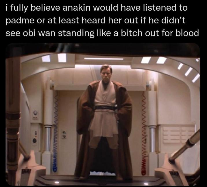 i fully believe anakin would have listened to padme or at least heard her out if he didn't see obi wan standing like a bitch out for blood 69 wwwww