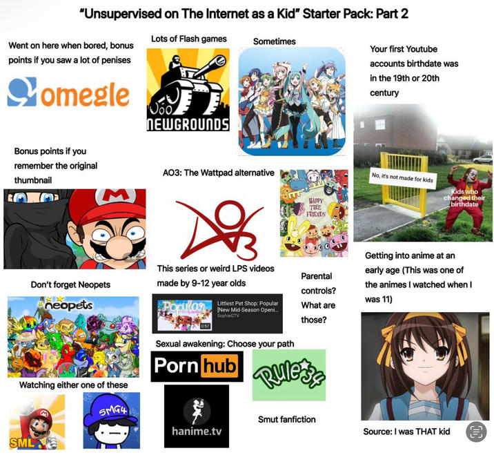 "Unsupervised on The Internet as a Kid" Starter Pack: Part 2 Lots of Flash games Sometimes Went on here when bored, bonus points if you saw a lot of penises Somegle NEWGROUNDS Your first Youtube accounts birthdate was in the 19th or 20th century Bonus points if you remember the original thumbnail Don't forget Neopets neopets AO3: The Wattpad alternative Do 3 This series or weird LPS videos made by 9-12 year olds Popular HAPPY TREE FRIENDS No, it's not made for kids Kids who changed their birthdate Getting into anime at an early age (This was one of the animes I watched when I Parental controls? Littlest Pet Shop: Popular [New Mid-Season Openi.... SophieGTV was 11) What are those? 0:57 Watching either one of these Sexual awakening: Choose your path P--- hub Rulete SML SMG4 Smut fanfiction hanime.tv Source: I was THAT kid D