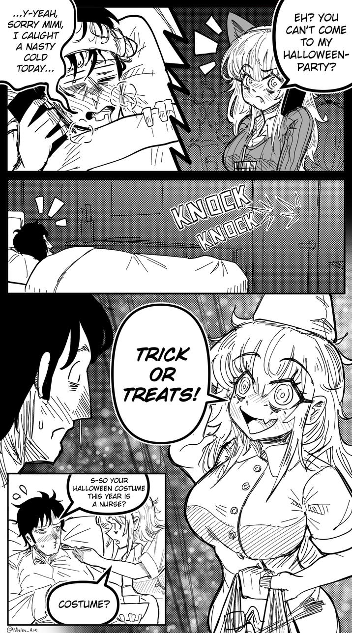@Nhim_Art ...Y-YEAH, SORRY MIMI, I CAUGHT A NASTY COLD TODAY... KNOCK KNOCK TRICK OR TREATS! S-SO YOUR HALLOWEEN COSTUME THIS YEAR IS A NURSE? COSTUME? ༣༡ EH? YOU CAN'T COME TO MY HALLOWEEN- PARTY?